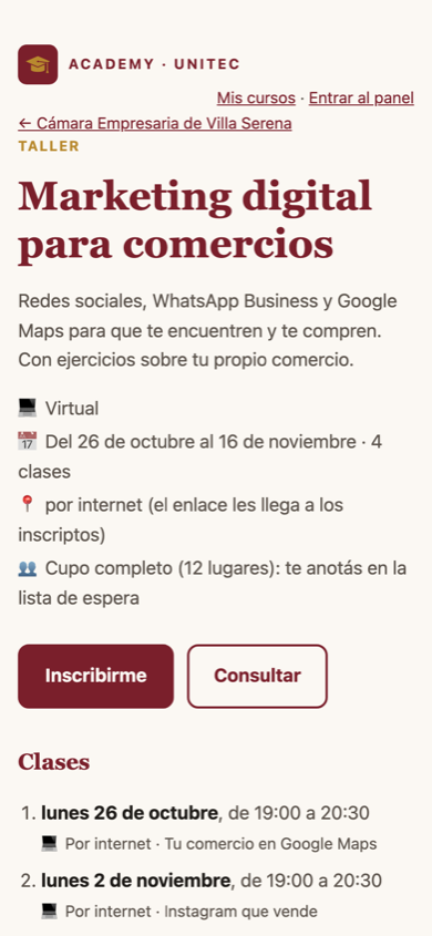 Un curso con sus clases, inscribirse y consultar