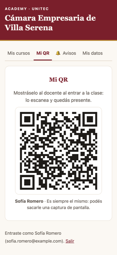 El QR del asistente para dar el presente