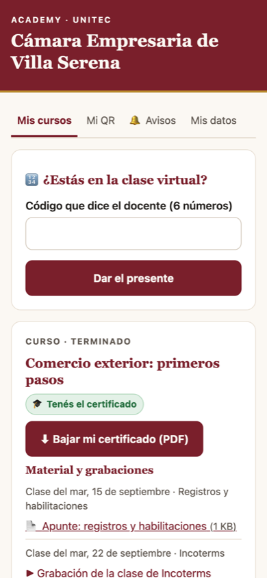 Mis cursos con el certificado y el material