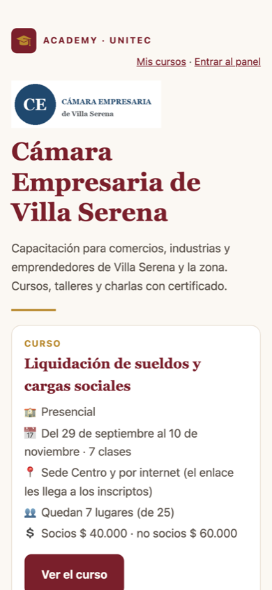 La página de cursos de la entidad