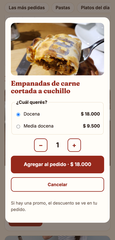 Elegir la variante y la cantidad de una comida