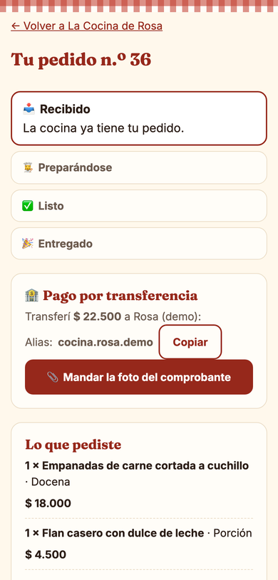El cliente sigue su pedido y manda el comprobante