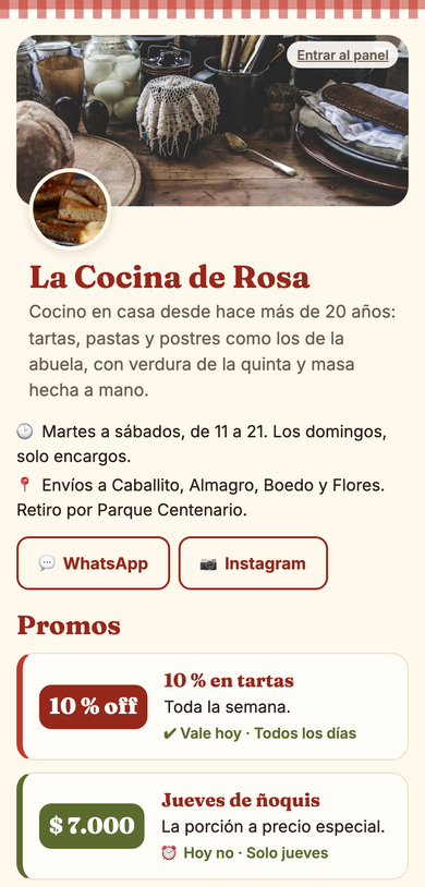 La página de la cocina, con su presentación y sus promos