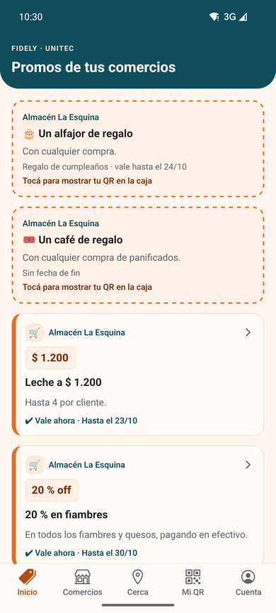 Inicio: las promos de los comercios que sigue, con su regalo y sus cupones