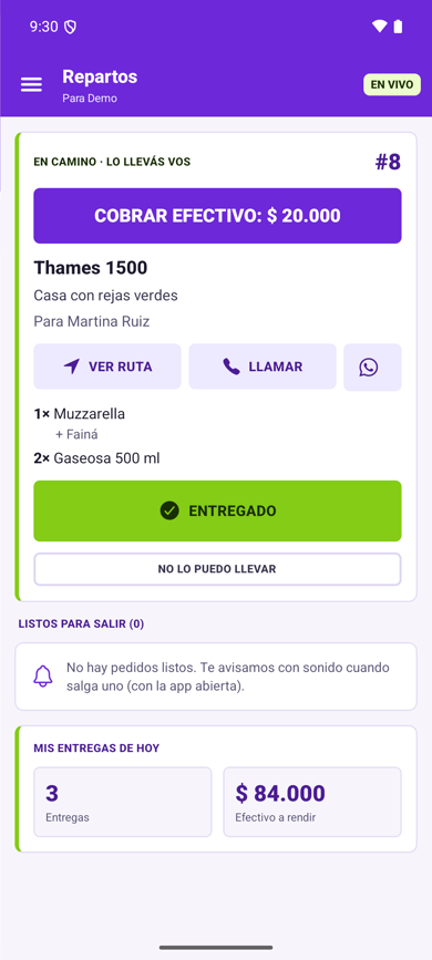 Pedido en camino con el cobro, la ruta y la llamada al cliente