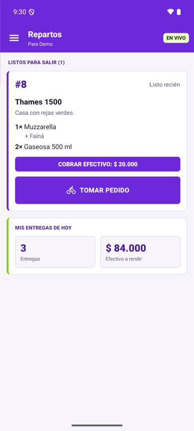 La app del repartidor con un pedido listo para salir