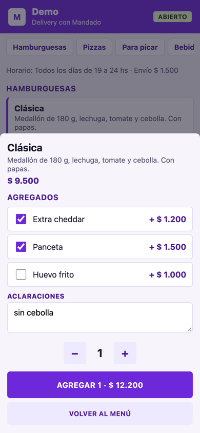 Ficha de un producto con agregados y aclaraciones