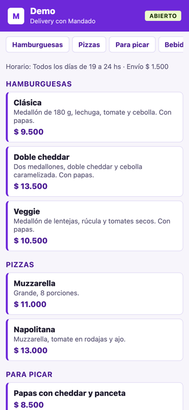La web del local con el menú por categorías