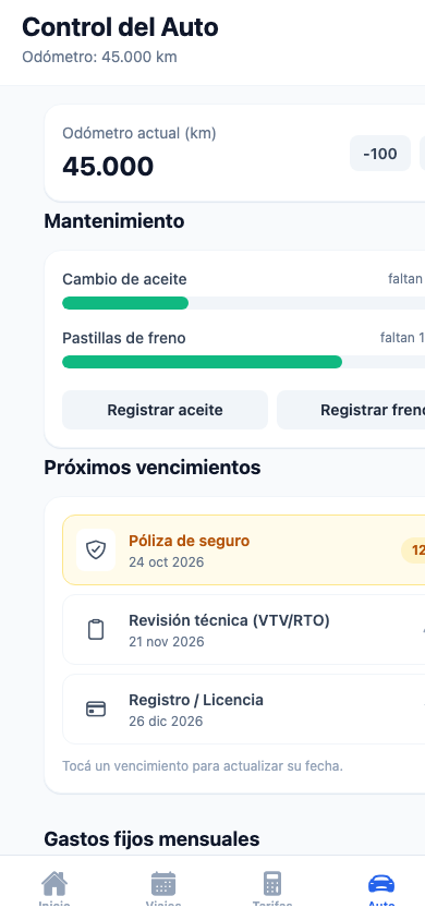 Pantalla de mantenimiento, gastos y combustible