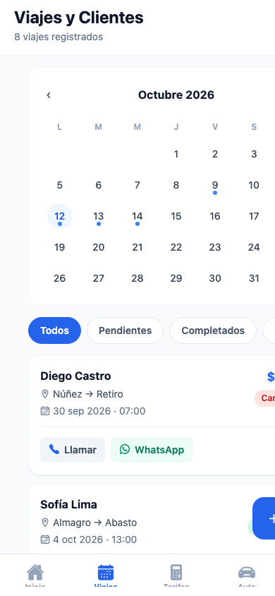 Pantalla de calendario y gestión de viajes
