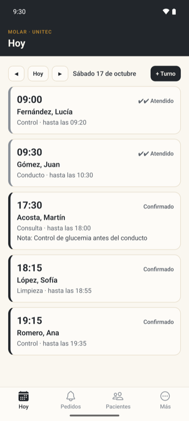 La agenda del día en la app del profesional, también sin internet