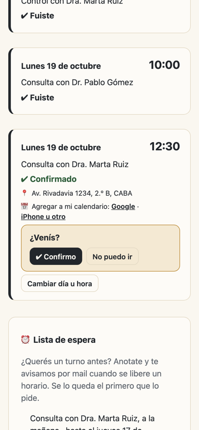 Turno confirmado: agregar al calendario o cambiar el día