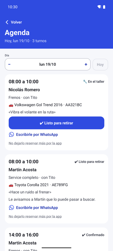 Taller: el auto en el taller y listo para retirar
