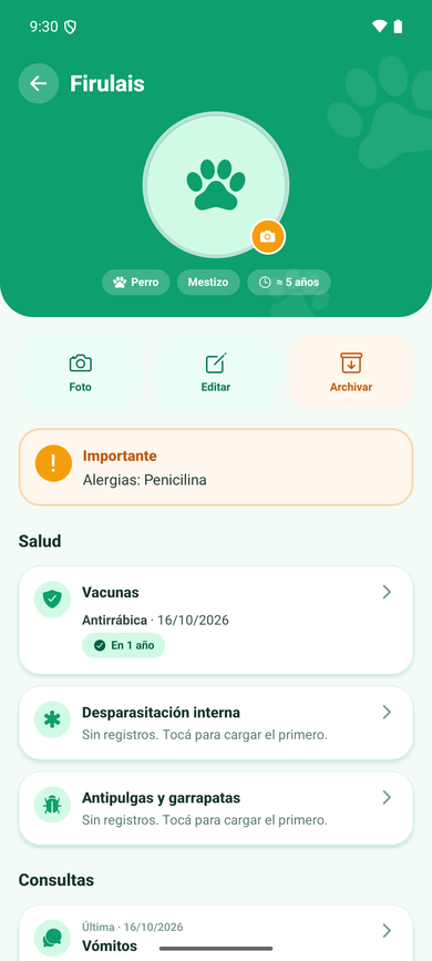 Ficha de la mascota con alergias y salud
