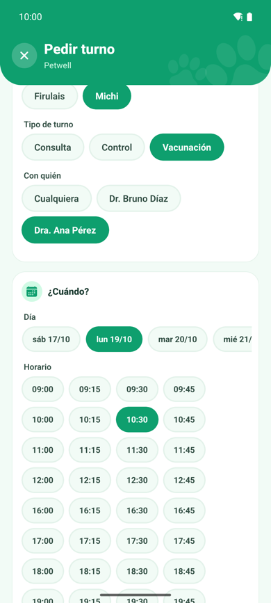 Pedir turno desde la app: tipo, con quién y horario libre