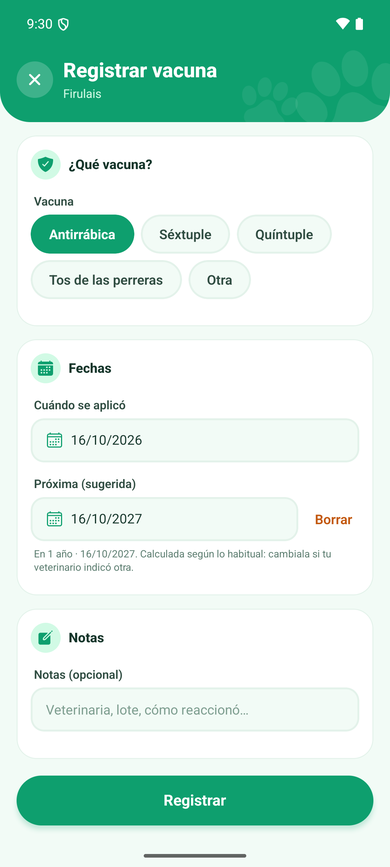 Registro de vacunas, desparasitación y antipulgas