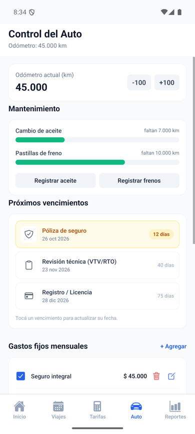 Pantalla de mantenimiento, gastos y combustible