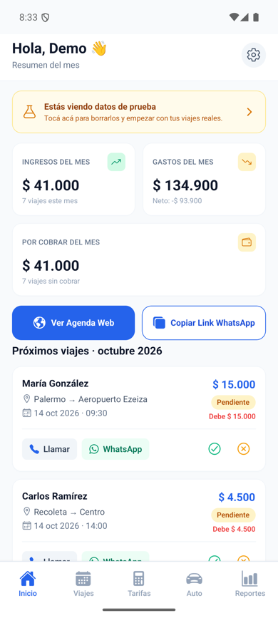Pantalla de inicio con resumen mensual y próximos viajes