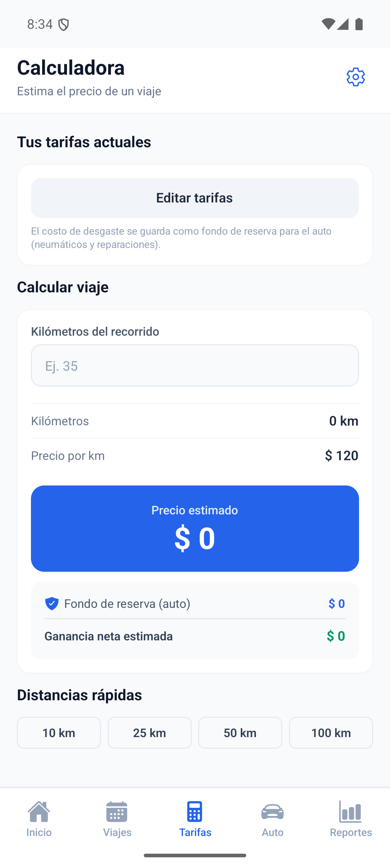 Pantalla de calculadora de tarifas