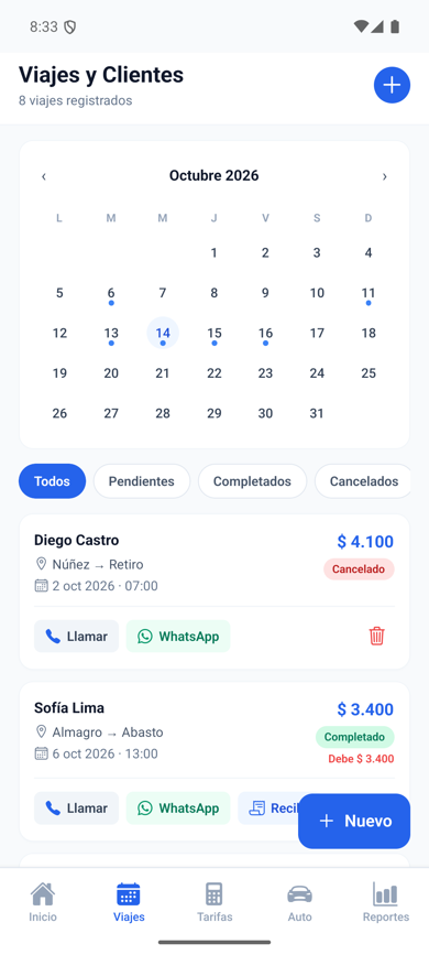 Pantalla de calendario y gestión de viajes