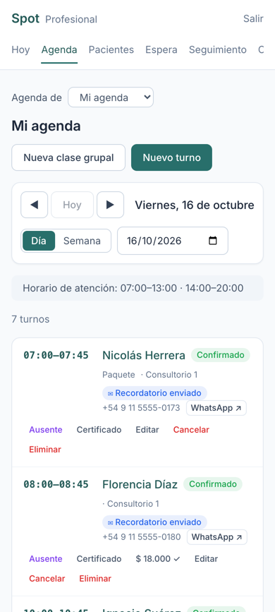 Agenda del día con el estado de cada turno