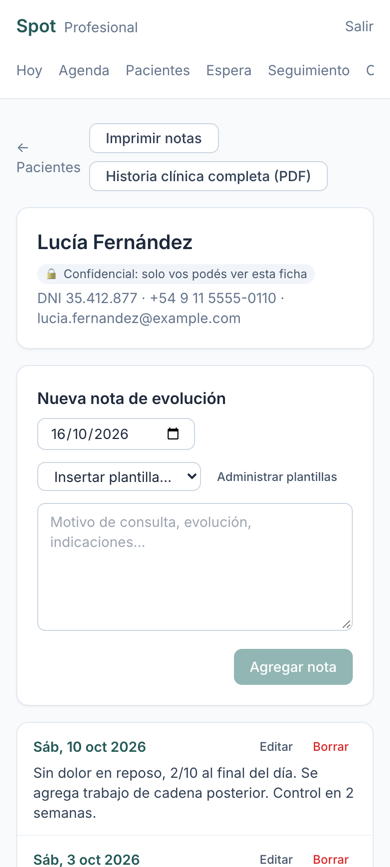 Ficha clínica con notas de evolución y plantillas