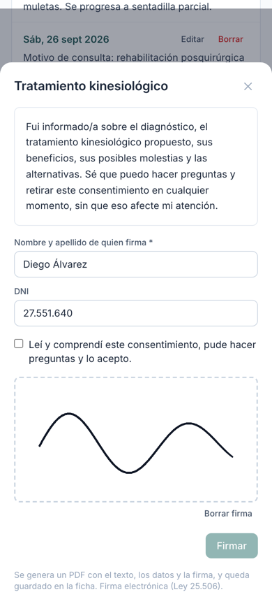 Consentimiento informado firmado en la pantalla