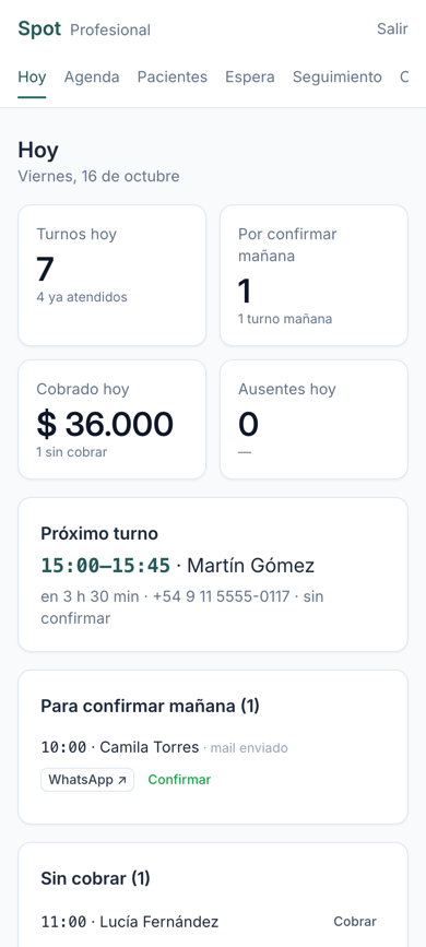 Resumen del día con turnos, cobros y huecos libres