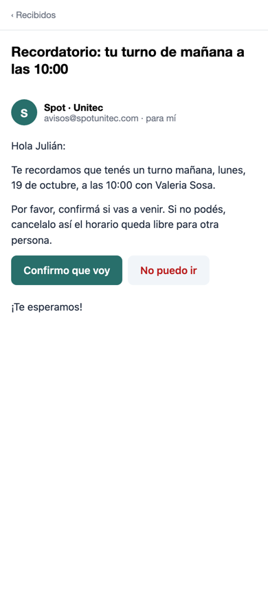 Mail de recordatorio para confirmar o cancelar el turno